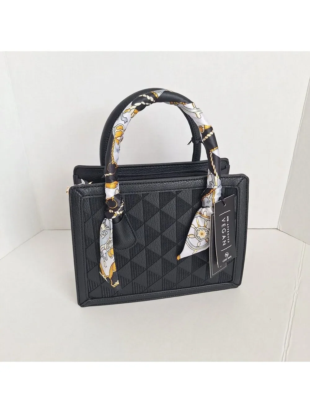 NWT La Terre Black Quilted Top Handle Crossbody Bag, Scarf, Zip, PETA Vegan